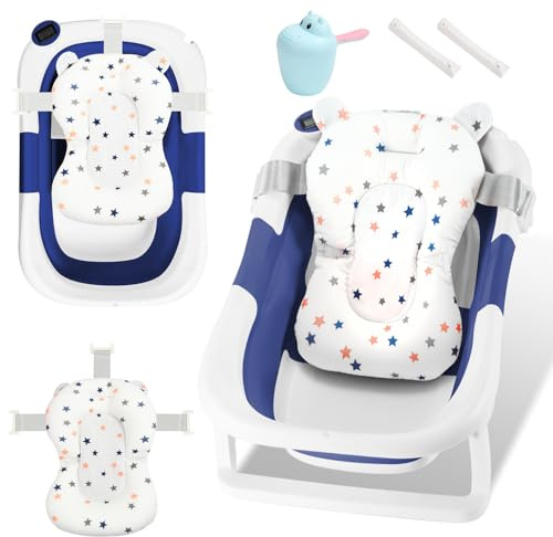 Peviasot Baby Badewanne, Klappbare Badewannen, Dreifach Faltbare Bathtub, Kinderbadewanne mit Thermometer und Badematten-Stützpolster, Rutschfeste Matte, Baby Bathtub für Neugeborene Kleinkinder, Blau