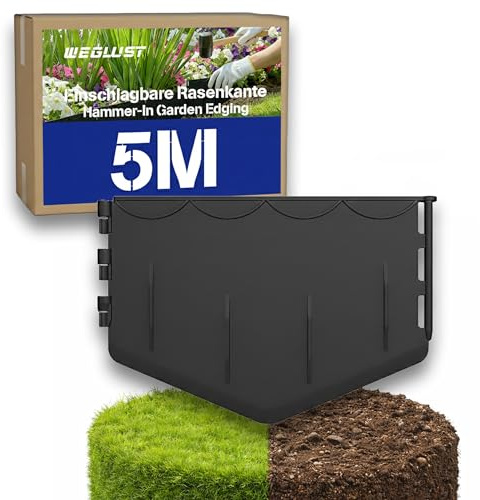 WEGLUST Rasenkante – 5 m Flexible Beeteinfassung, mit Gummihammer einschlagen | Kein Graben nötig | Für kleine Gärten, Beete und Wege