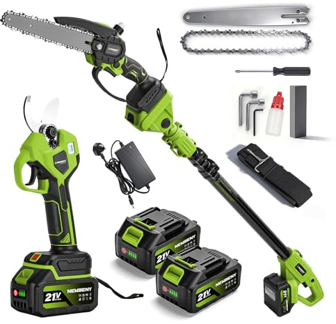 28mm Electric Pruning Shears & Cordless Chainsaw with 1.7m Telescopic Pole | 8’’ Cordless Pole Saw with 2 x 3.0Ah Batteries, 4.2m Max Extension, and Adjustable Angle for Pruning High Garden Branches