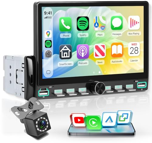 Rimoody Radio de Coche 1 DIN con Inalámbrico Carplay You-Tube Android Auto, 7 Pulgadas Pantalla Táctil Radio Coche iOS/Android Mirror Link Bluetooth FM Radio USB/EQ Control del Volante Cámara Trasera