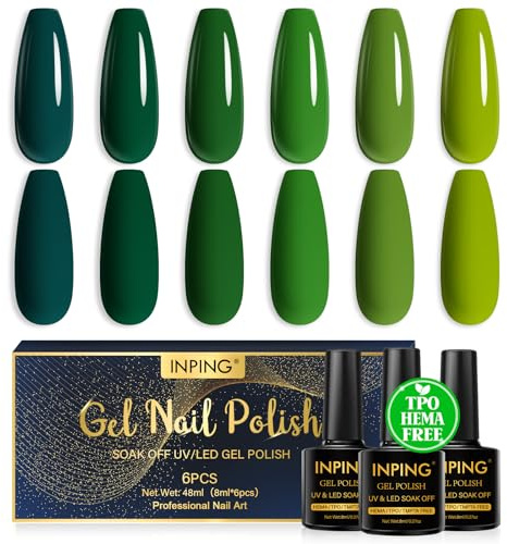 INPING Gel Nail Polish TPO-FREE Green 6 Colors UV LED Nail Varnish 8ML | Spring Summer Winter Classic Popular Glitter Nail Varnish Kit Nail Polishes for Women DIY Manicure Gift