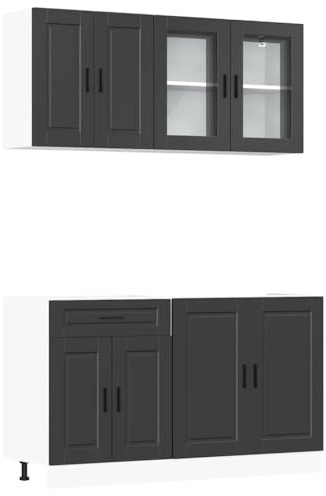 ULUYYUC 4-TLG Küchenschrank Set Porto Schwarz Holzwerkstoff 80×46×81,5 cm Stauraum Küchenzeile Modernes Design Robust und Pflegeleicht für kleine Küche Singleküche Wohnküche