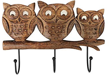 Ajuny Kleiderhaken aus Holz Wandgarderobe 3 Haken mit Eule Schnitzerei zum Aufhängen von Kleidung Bademänteln Handtüchern Mänteln Heimdekoration Geschenke – 15 X 5.9 Zoll