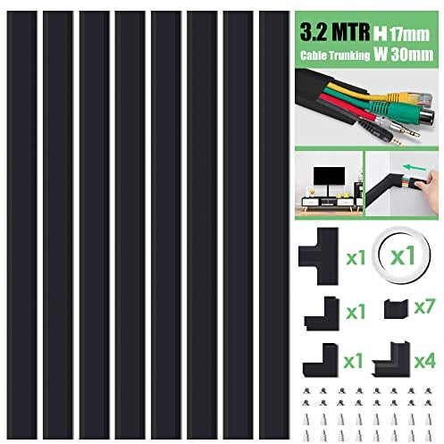 MUDEELA Cable Trunking Kit, Cable Concealer, Cable Tidy Cable Raceway, Cable Management Kit for Home Office - 8X L400mm, W30mm H17mm, Black
