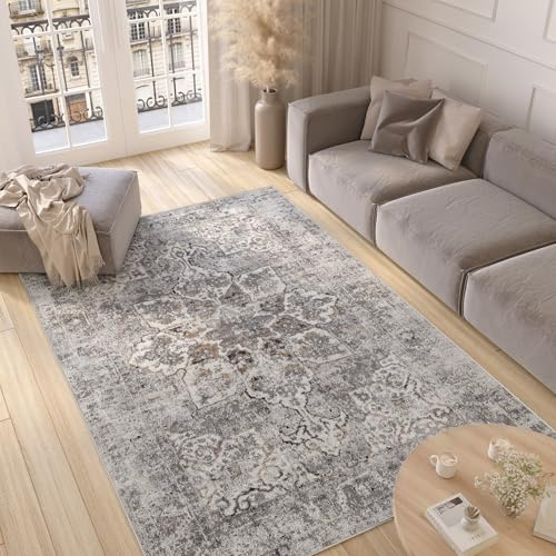 TAPISO Valley Teppich Kurzflor Vintage Blumen Hellgrau Rosette 140 x 200 cm | Ornamental Meliert Verwischt Used Effekt Wohnzimmer Schlafzimmer OEKO-TEX
