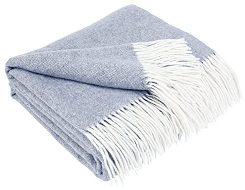 LYHome Kaschmir Decke mit Merino - Luxus Tagesdecke Kuscheldecke Wolldecke Sofadecke und Couchdecke, Sofa Wohndecke Plaid Überwurfdecke Sofaüberwurf, Couch Überwurf (140x200 cm, Blau - Weiß Fischgrät)