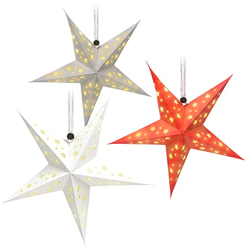 COM-FOUR® 3X Leuchtstern in 3D mit LEDs - Weihnachtsstern mit LED Beleuchtung und Timer - Premium Papierstern zum Aufhängen