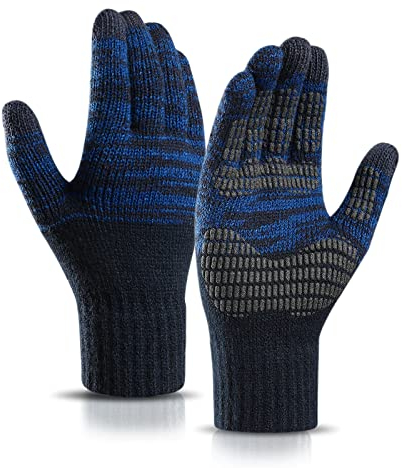 MOKANI Winter Touch Screen Gloves Men Knitted Thermal Gloves with Anti-slip Silicone Particles Thickened Elastic Windproof Cuff Warm Fluff Lining for Driving Running Sport Typing, Dark Blue