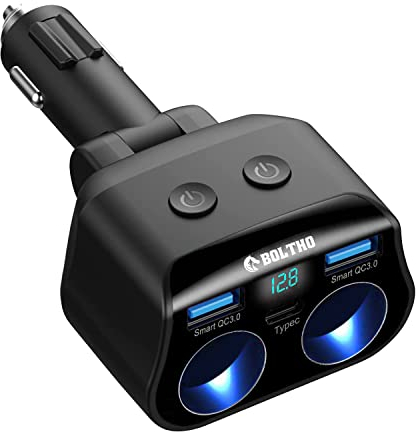 [Dual QC 3.0 & PD 20W] Zigarettenanzünder USB Verteiler Adapter Splitter, BOLTHO 12V/24V Auto ladegerät Splitter 2 Fach Steckdose, Kfz ladegerät mit LED Voltmeter Getrennte Schalter