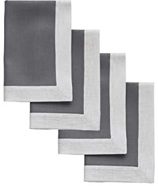 Solino Home Leinen Dinner Servietten 4er Set,20x20 Zoll, Lava Smoke/Silber Shimmer Border Dekorative Servietten,Festliche Rand Servietten für Esszimmer, Wohnen,Handgefertigt und maschinenwaschbar