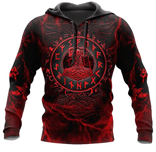 JJLLAZAD Wikinger-Hoodie 3D-Druck Nordische Mythologie Valhalla Langarm Frühling Herbst Pullover Für Herren und Damen Party Cosplay Kostüm,Thor Hammer Hoodie,XL