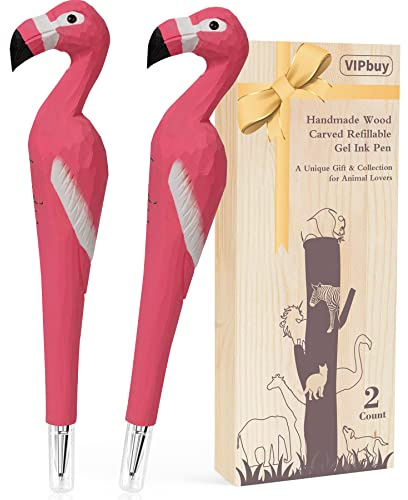 VIPbuy Handmade Wood Carved Dog Refillable Gel Ink Pen (Flamingo)