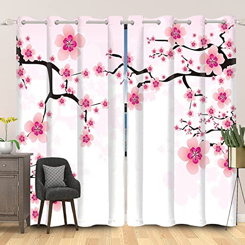 SDOTPMT 46x54inch Pink Cherry Blossom Window Curtain Spring Flower Tree Branches Window Drapes Japanese Classic Floral Window Curtain for Living Room Bedroom Blackout Curtains, 2 Panels