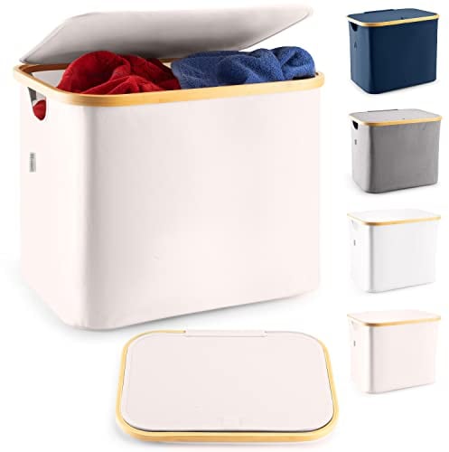 LONBET Wäschekorb mit Deckel & Bambusrahmen 50L - Faltbar, Wasserdicht, Robust, Atmungsaktiv, Einfach Montieren | Als Wäschesammler oder Aufbewahrungsbox mit Deckel Nutzbar | Laundry Baskets Beige