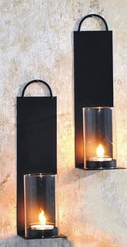 Novaliv 2X Wandkerzenhalter aus Metall mit Glas 7 x 7 x 25,5 cm Schwarz Kerzenhalter Wand Teelichterhalter Deko Wohnzimmer Dekoration Wanddeko Vintage Deko Teelicht Wandhalter