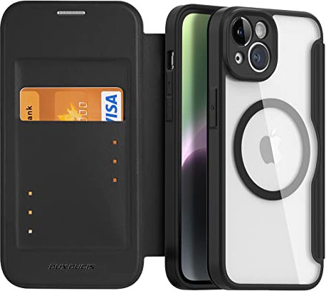 DUX DUCIS Magnetic for iPhone 14 Case with Card Holder, [Compatible with MagSafe] Premium Flip Leather Clear Shockproof Protective Phone Case Cover (Black)