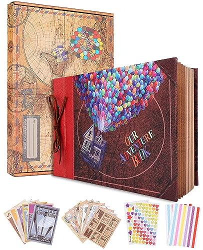 Our Adventure Book with Balloon House, Leather Cover Up Themed Vintage Scrapbook Album, Wedding Guest Book, 29,5 x 19,1 cm, Retro Craft Cardstock, 40 Seiten (bis Haus)