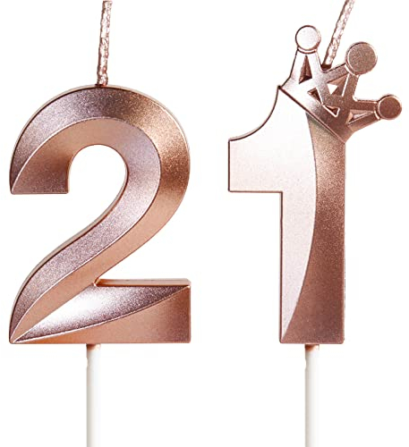 Rose Gold 21st 12th Birthday Candles with Crown, 3D Number 21 Candle, 12th 21st Birthday Candle for Cake, Happy Birthday Candle, Cake Candles Cake Topper Decorations for Women Girls Birthday Party