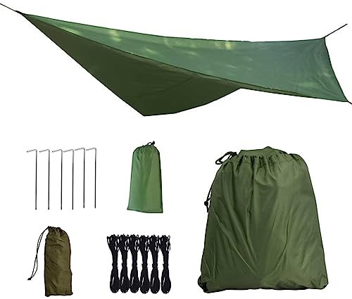 Bâche Anti-Pluie, Bâche de Tente de Camping 3x3M, Toile de Tarp Abri Imperméable, Randonnée Bâche de Hamac Anti-UV avec 6 Piquets + 6 Cordes, pour Extérieures Pique-Nique Voyage (Vert)