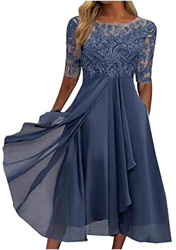 Azruma Tunika Damen Sommer Maxikleid Hochzeitsgast Sommer Outfits Damen Damen Elegant Chiffon Patchwork Spitze Hollow Out Einfarbig Lange Abendkleider FüR Hochzeit Abendkleider Dress (Blau, XXL)
