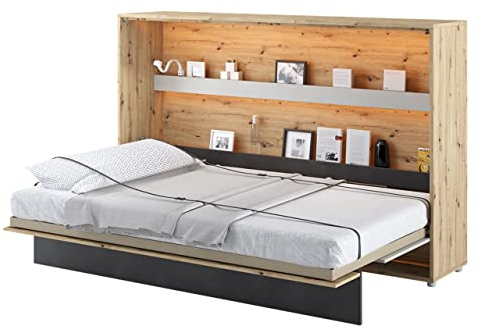 Mirjan24 Schrankbett Concept Junior Horizontal, Wandklappbett inkl. Lattenrost, V-Bett, Bettschrank, Wandbett (Silk Flou/Eiche Artisan + Raw Steel + Silk Flou, CJ-03 120x200)