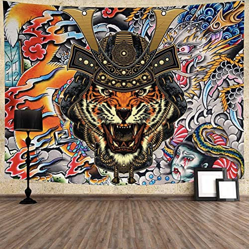 799 Wandtuch Psychedelischer Tiger Mit Samurai Sturzhelm Abstrakte Chinesische Drache Hippie Tagesdecke Dekoration Wanddekoration Groß Tischdecke, Für Wohnheim, Schlafzimmer, 100x150cm