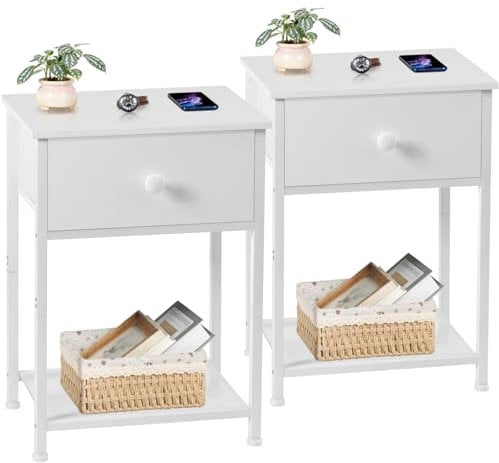 AMHANCIBLE Bedside Table Set of 2, Small Side Table with Fabric Drawer, Sofa Side Table with Storage Shelf, Nightstand with Metal Frame, Coffee Table for Bedroom, Living Room, White UHET03SDWT