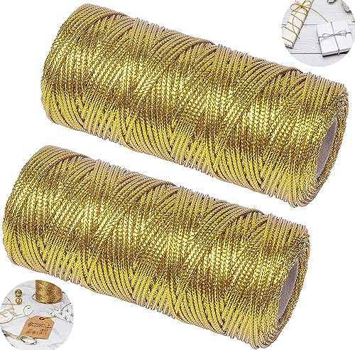 YIYICO Cordoncino oro Filo Dorato per Decorazioni Spago oro 2 Rotoli 100m Tinsel Corda Per Fai-Da-Te Bracciali Artigianato Confezioni Regalo o Ornamenti per Alberi di Natale (Oro + Oro)