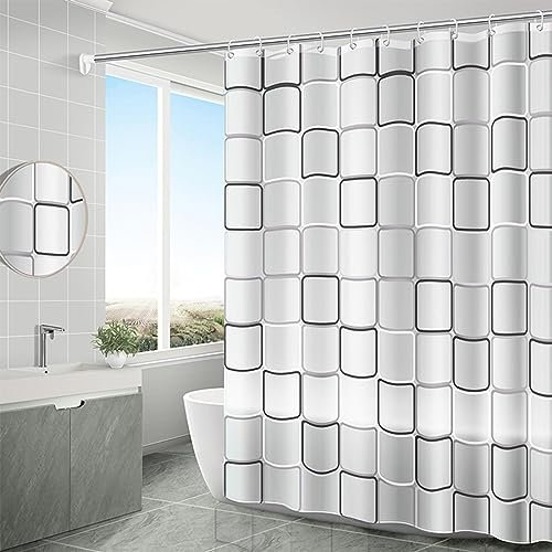 Grau und Weiß Streifen Wasserdichter Textil Duschvorhang 90x200cm Antischimmel Schnell Trocknend Badezimmer Vorhang für Badewanne und Bad mit 12 Duschvorhängeringen Waschbarer Duschvorhang