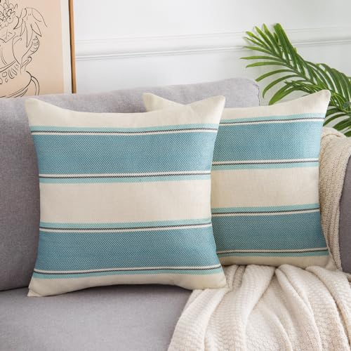 DakTou Kissenbezüge Kissenhülle Dekokissen Leinen Dekorative Kissenbezug Streifen Sofakissen Couchkissen Moderne Quadratische Deko Kissen für Sofa Schlafzimmer 2er Set 50x50 cm Wasserblau