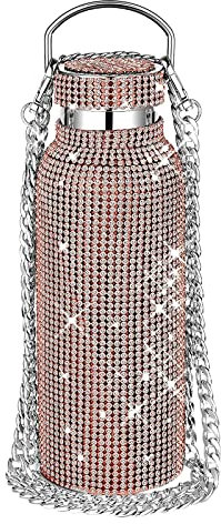 JUCHRZEY Diamant Wasserflasche, Bling 304 Edelstahl Thermosflasche mit Kette, Auslaufsicherem Strass Diamant Isolierflasche, Glitzerndes Diamantglas