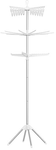SONGMICS Clothes Airer, Clothes Drying Rack with 11 Rotatable Arms for Hangers, 4-Leg Indoor Folding Laundry Rack, Stainless Steel, for Clothes and Socks, 210 cm High, White and Silver LLR513W01