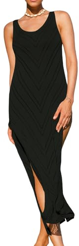 CUPSHE Damen Häkel-Coverups, ärmellos, Strandkleid, sexy Seitenschlitz, Maxi-Strandmode 2024, Schwarz, Groß