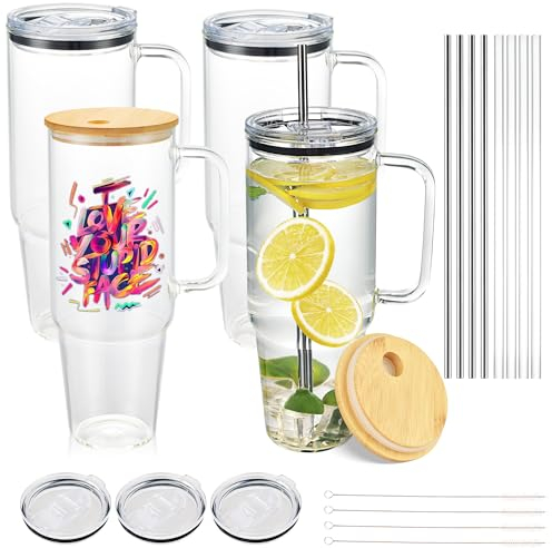 Laosh 40 oz Glass Tumbler with Handle, 4Pack Clear Tumblers with Lid and Straw, 40oz Iced Coffee Cups Drinking Cups for Smoothie, Beer, Coffee, Tea, Milk, soda, water