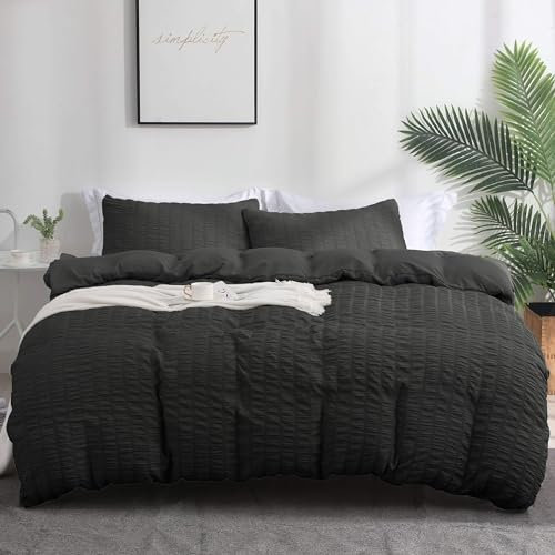 Boqingzhu Seersucker Bettwäsche Schwarz 200x220cm Sommer Atmungsaktiv Kühlende Wende Bettwäsche Set Bettbezug 200x220cm und 2 Kissenbezüge 80x80cm mit Reißverschluss