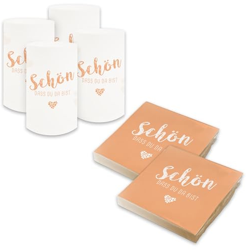 itenga Tischdeko Set - Servietten Schön dass du da bist 30 x 30cm 3-lagig 40 Stück und 6 Windlichter für Kommunion Konfirmation Hochzeit Taufe und andere Feiern (apricot)