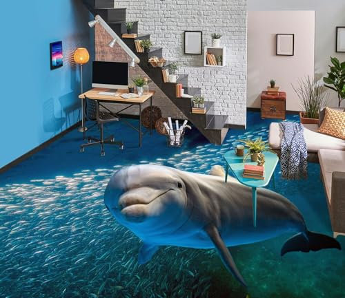 Autocollant De Sol Étanche Poisson dauphin 3D, 430 * 300 cm Sol Papier Peint Peintures Murales Auto-Adhésif Amovible Cuisine Bain Sol Étanche Tapis Tapis Impression Époxy