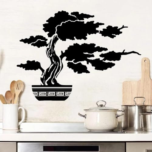 YYZOVBNN Natürlicher Baum, Wilder asiatischer Dschungel, Wandtattoo, Bonsai-Baum, Vase, japanischer Stil, Wandtattoo, Küche, Schlafzimmer, Vinyl, Heimdekoration，56x41cm