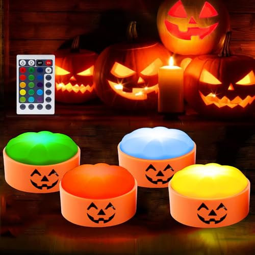 KUWUNG 4 PCS Halloween Kürbis LED mit Fernbedienung und Timer, Halloween Kürbis Lichter 16 Farben, Batteriebetriebene Orange Kürbis Lampe, Flammlose Kerzen für Kürbis Deko