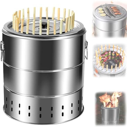 ZYJIX Portable Smokeless Barbecue Charcoal Barrel Grill Stainless Steel Surround Charcoal Kebab Grill With 28 Skewers And BBQ Grill Grate Outdoor Indoor Camping Smokeless
