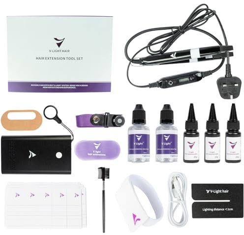 v light hair extensions machine kit v light hair connector, v light glue * 3, Glue Remover Solution*2, 2 packs of hair extension film, and 1 hair extension comb