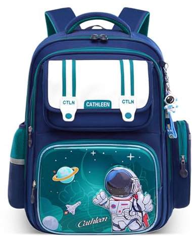 Tanou Schulrucksack Jungen Rucksack Kinder, 22 Liter Ergonomischer Schultasche für Grundschule mit Anhänger, Wasserdicht Astronauten Schulranzen für Junge 1-4 Klasse, Grün