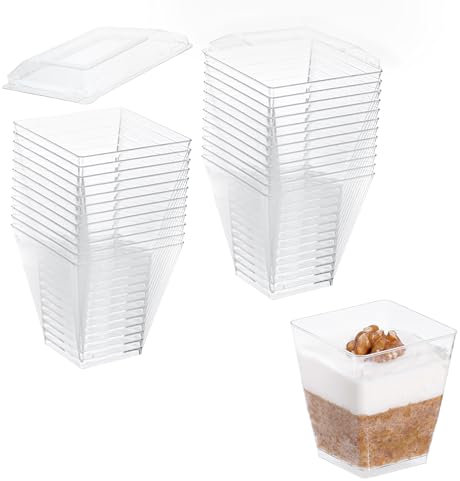 EURO CLASSIC Plastic Mini Dessert Cups/Dessert Bowls with Lids - Reusable 24 Pack, 2oz or 4oz, Dessert, Small Fruit Cups Appetizers Serving Bowls for Dessert Pudding Trifles (120ml)