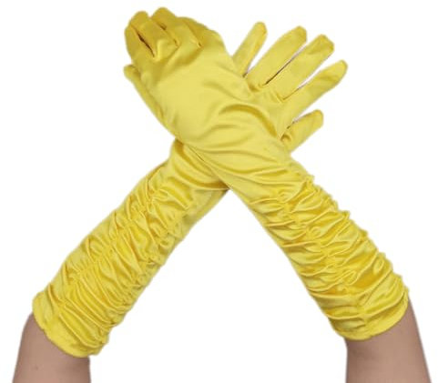 Blausky 1 Paar Handschuhe Lang,Hochzeitshandschuhe,Handschuhe Elegant Damen,Satin Abendhandschuhe,1920er Style,Handschuhe mit Faltungen,für Halloween Karneval Fasching Fest Party Kostüm,Gelb