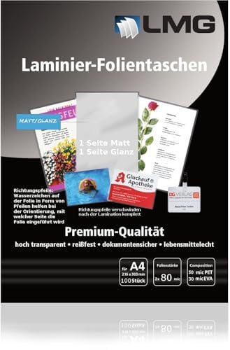 100 Matt-Glänzende Laminierfolien- 80 micron je Seite, 1 Seite Matt, eine Glänzend, Entspiegelt (125 MIC, DIN A3)