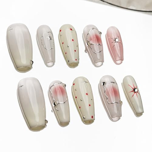 Sun&Beam Nails Handmade Press-on Medium Coffin Ballerina Silver Pink White Dot Ombre Rhinestone Design Fashion False Nail Tips 10 Pcs Set (#180 M)