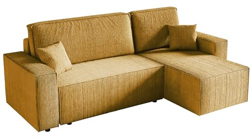AlpiMeble Ecksofa Karl, Sofa mit Schlaffunktion und Bettkasten, Ottomane universal, Couch in Cordstoff, Klappsofa in Frabe: Gelb