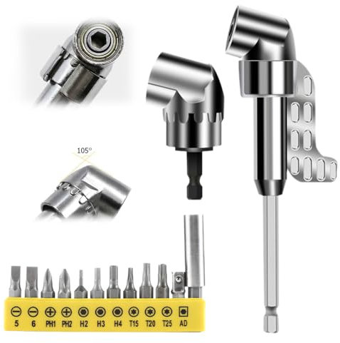 Winkelschrauber Aufsatz, 2025 Neu 105° Winkelbohraufsatz Vorsatz Adapter mit 1/4-Zoll Schnellwechsel und Magnetischen Bithalter Multifunktions Winkel Bithalter für Garage Bauarbeiter (Kurz+Lang)