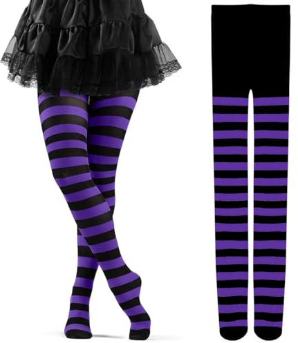 Cadimus Calzamaglia a Righe,Collant Righe Donna,Calze a Righe Donna,Collant Colorati con Righe,Collant Opachi，Adatto per Halloween, Carnevale, Feste a Tema in Maschera - Nero e Viola