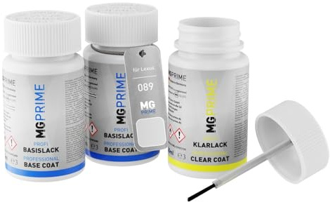MG PRIME Stylos de retouche pour Lexus 089 Platinum White Pearl + vernis | Blanc Lunaire Nacre, Peinture voiture, Kit peinture de fond + base + vernis, flacons de peinture avec pinceau, 50ml chacun